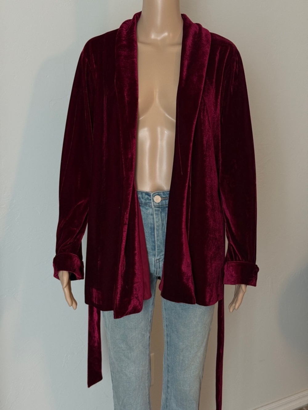 l’academie velvet tie-front jacket in wine red